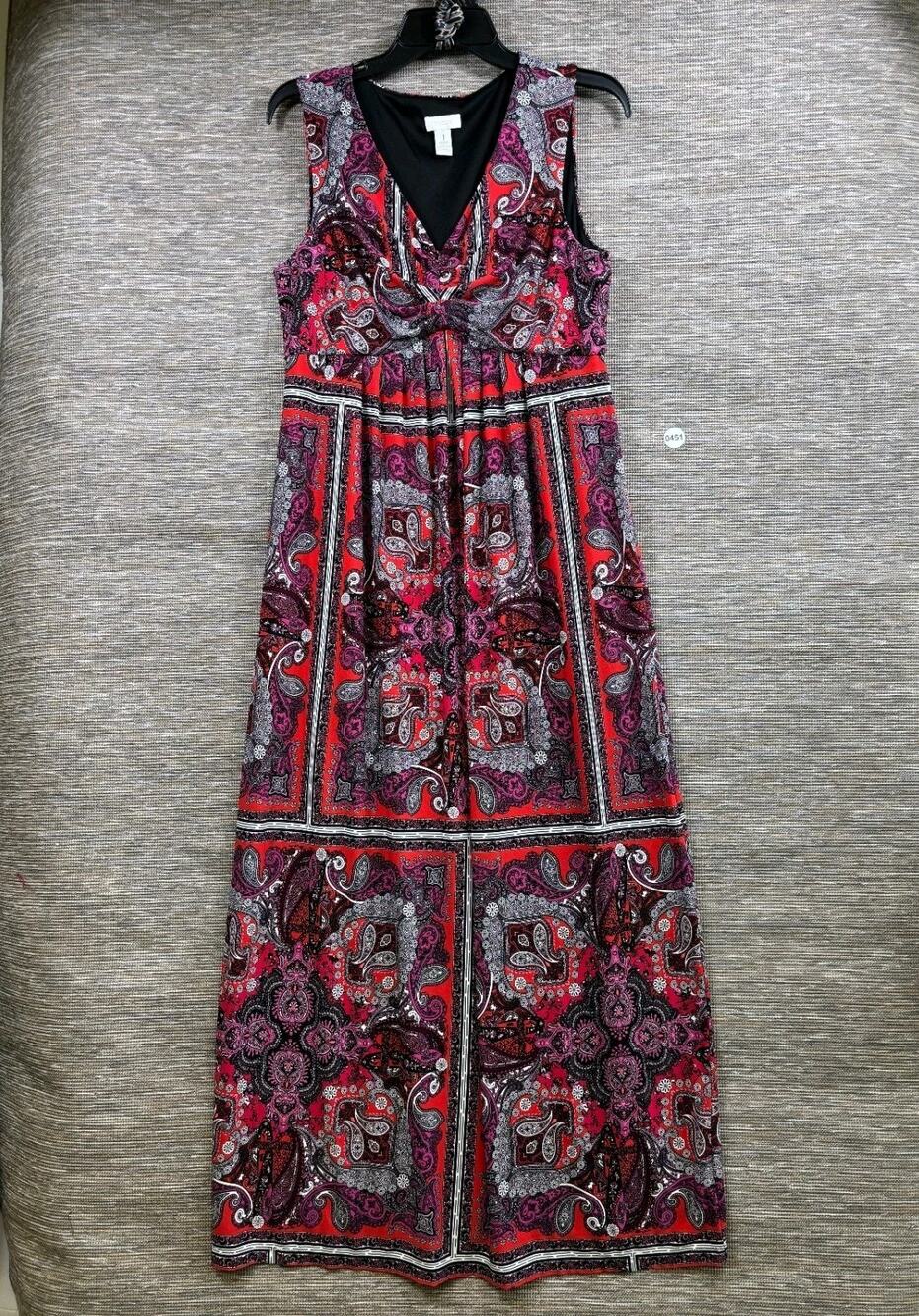 Chico's Paisley Maxi Dress Size 1 US 8 Red Pink Multi Color Print V-Neck Travel